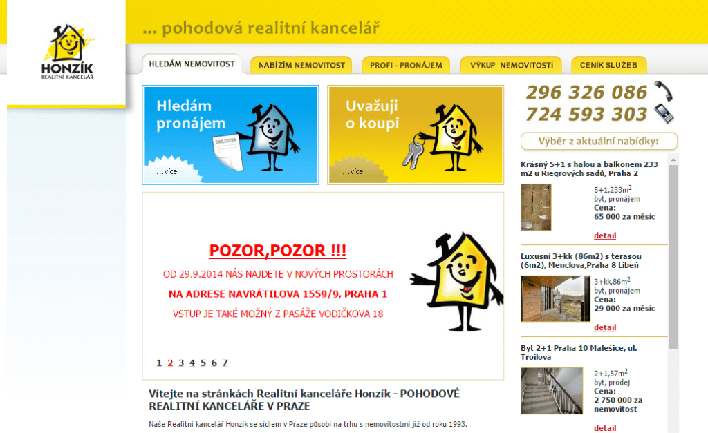 ukázka úvodní stránky realitní kanceláře