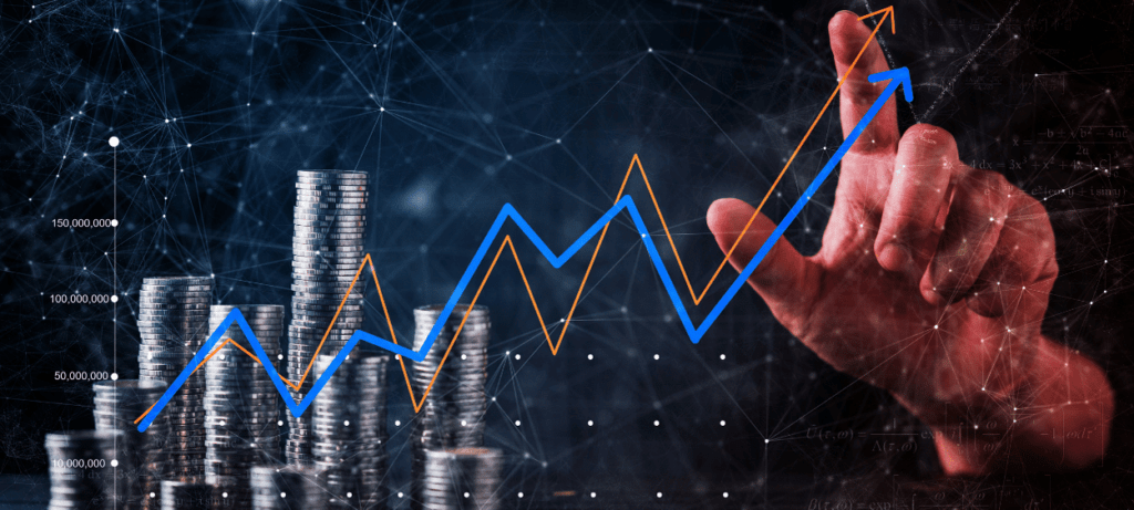 Diagram vzrůstu v pozadí s rukou ukazující na růstovou křivku