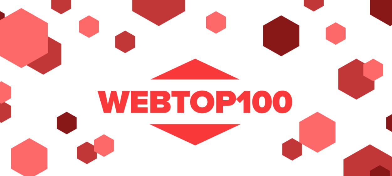 logo webtop100 červené, kolem jsou šestiúhelníky zbarvené do odstínů červené