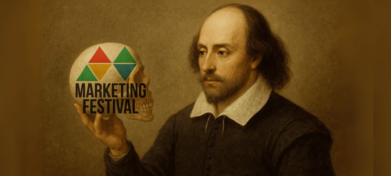 Portrét Shakespeara s lebkou v ruce jako Hamlet, na lebce je nápis "marketing festival"